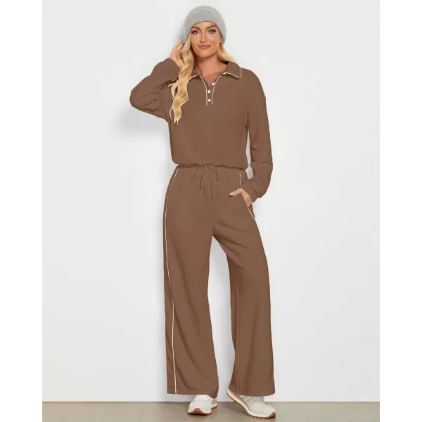 GRAPENT Sweatsuits Two Piece Sets for Women High Wasited Wide Leg Pants Fleece Button Pullover Sweatshirt Lounge OutfitsBrown