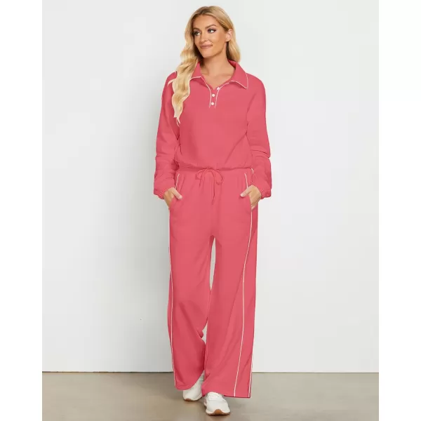 GRAPENT Sweatsuits Two Piece Sets for Women High Wasited Wide Leg Pants Fleece Button Pullover Sweatshirt Lounge OutfitsCoral