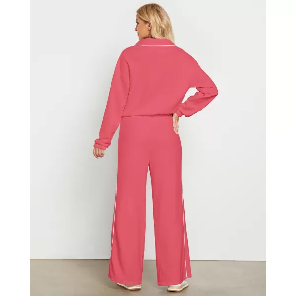 GRAPENT Sweatsuits Two Piece Sets for Women High Wasited Wide Leg Pants Fleece Button Pullover Sweatshirt Lounge OutfitsCoral