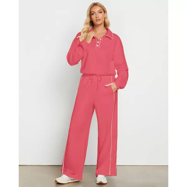 GRAPENT Sweatsuits Two Piece Sets for Women High Wasited Wide Leg Pants Fleece Button Pullover Sweatshirt Lounge OutfitsCoral