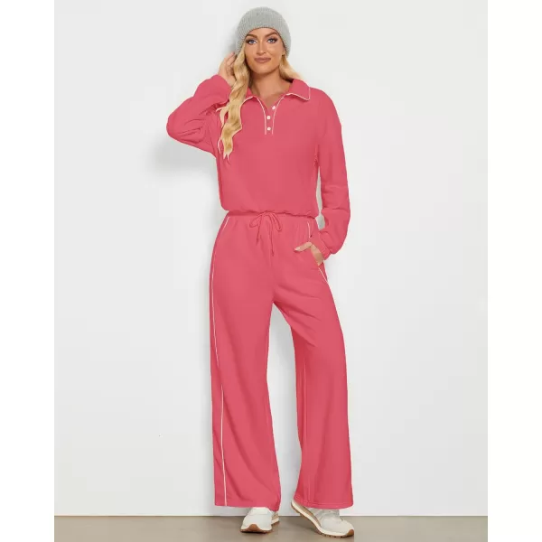 GRAPENT Sweatsuits Two Piece Sets for Women High Wasited Wide Leg Pants Fleece Button Pullover Sweatshirt Lounge OutfitsCoral