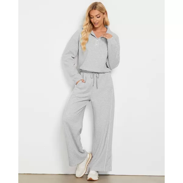 GRAPENT Sweatsuits Two Piece Sets for Women High Wasited Wide Leg Pants Fleece Button Pullover Sweatshirt Lounge OutfitsHeather Gray