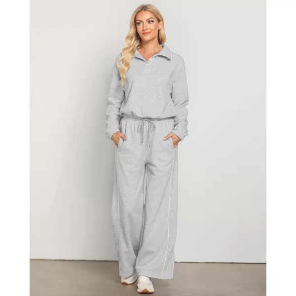 GRAPENT Sweatsuits Two Piece Sets for Women High Wasited Wide Leg Pants Fleece Button Pullover Sweatshirt Lounge OutfitsHeather Gray