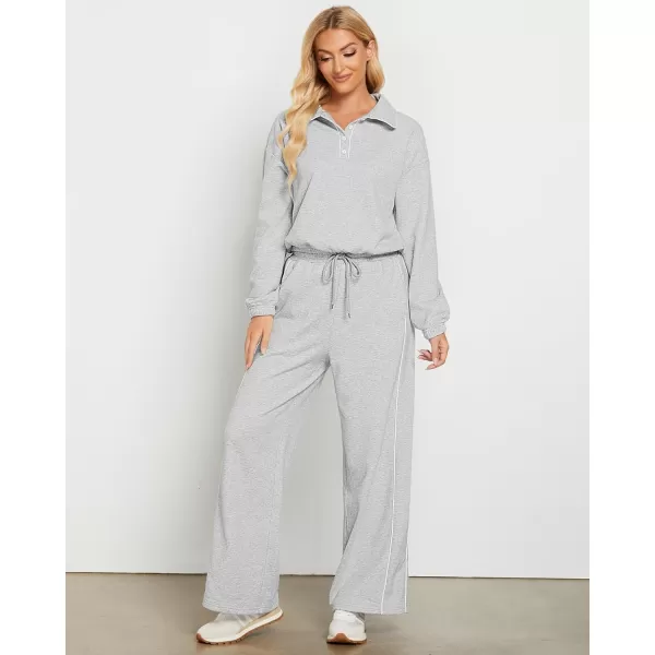GRAPENT Sweatsuits Two Piece Sets for Women High Wasited Wide Leg Pants Fleece Button Pullover Sweatshirt Lounge OutfitsHeather Gray