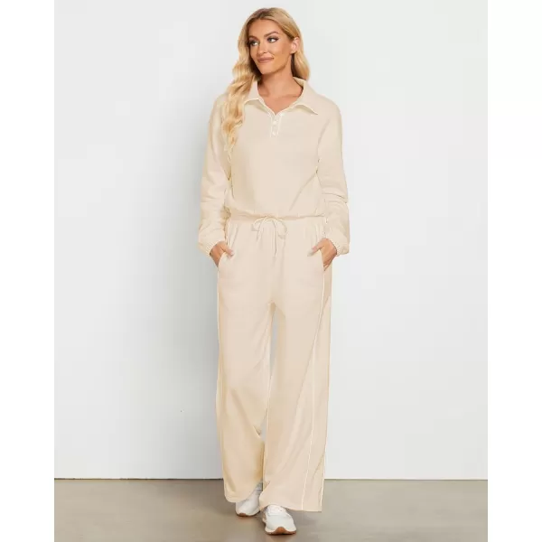 GRAPENT Sweatsuits Two Piece Sets for Women High Wasited Wide Leg Pants Fleece Button Pullover Sweatshirt Lounge OutfitsIvory