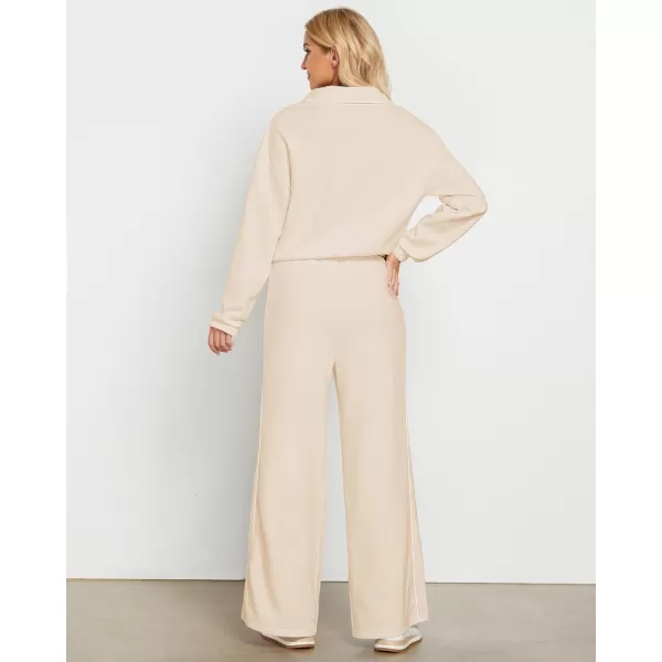 GRAPENT Sweatsuits Two Piece Sets for Women High Wasited Wide Leg Pants Fleece Button Pullover Sweatshirt Lounge OutfitsIvory