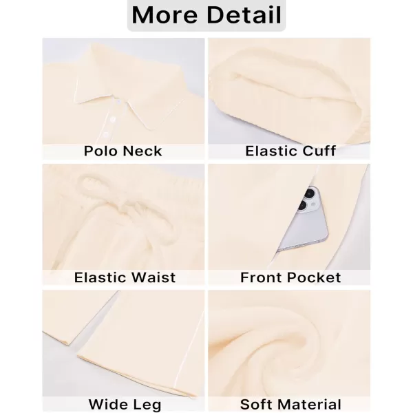 GRAPENT Sweatsuits Two Piece Sets for Women High Wasited Wide Leg Pants Fleece Button Pullover Sweatshirt Lounge OutfitsIvory