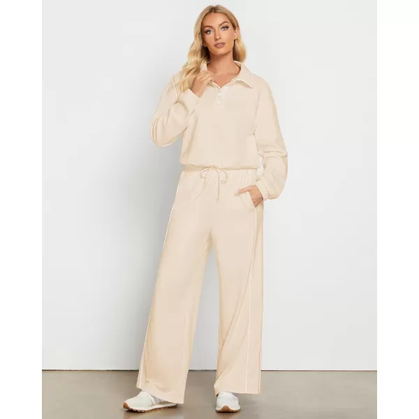 GRAPENT Sweatsuits Two Piece Sets for Women High Wasited Wide Leg Pants Fleece Button Pullover Sweatshirt Lounge OutfitsIvory