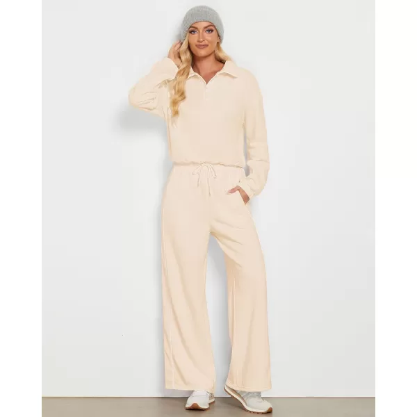 GRAPENT Sweatsuits Two Piece Sets for Women High Wasited Wide Leg Pants Fleece Button Pullover Sweatshirt Lounge OutfitsIvory