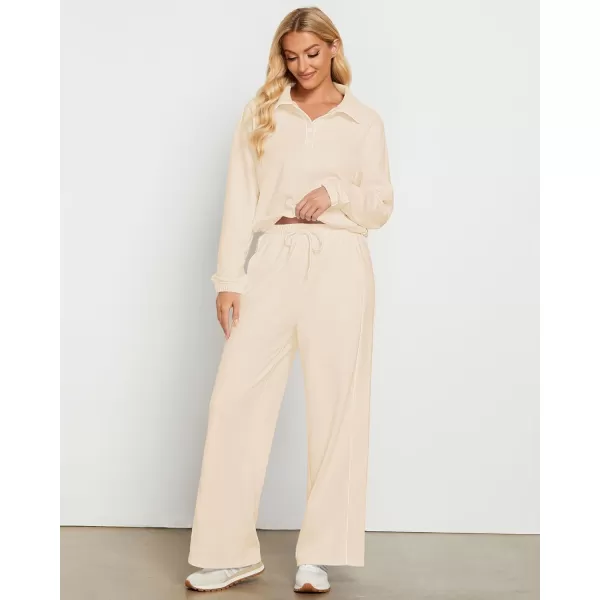 GRAPENT Sweatsuits Two Piece Sets for Women High Wasited Wide Leg Pants Fleece Button Pullover Sweatshirt Lounge OutfitsIvory