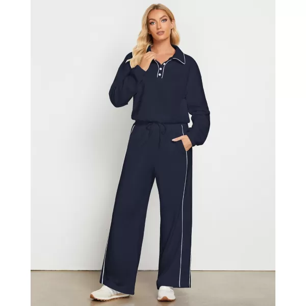 GRAPENT Sweatsuits Two Piece Sets for Women High Wasited Wide Leg Pants Fleece Button Pullover Sweatshirt Lounge OutfitsNavy Blue