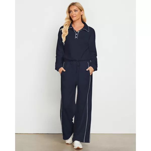 GRAPENT Sweatsuits Two Piece Sets for Women High Wasited Wide Leg Pants Fleece Button Pullover Sweatshirt Lounge OutfitsNavy Blue
