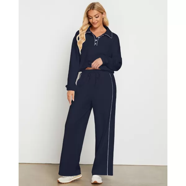 GRAPENT Sweatsuits Two Piece Sets for Women High Wasited Wide Leg Pants Fleece Button Pullover Sweatshirt Lounge OutfitsNavy Blue