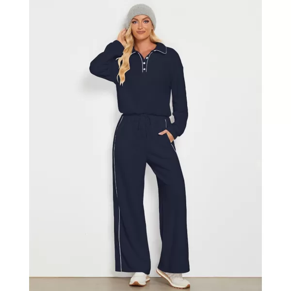 GRAPENT Sweatsuits Two Piece Sets for Women High Wasited Wide Leg Pants Fleece Button Pullover Sweatshirt Lounge OutfitsNavy Blue