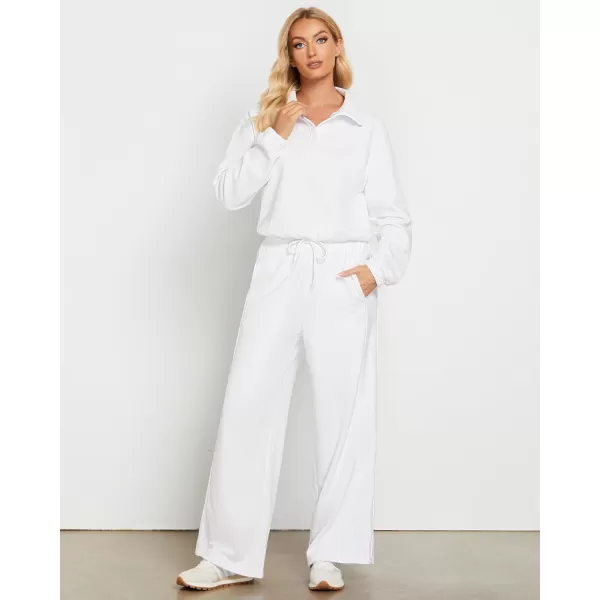 GRAPENT Sweatsuits Two Piece Sets for Women High Wasited Wide Leg Pants Fleece Button Pullover Sweatshirt Lounge OutfitsWhite