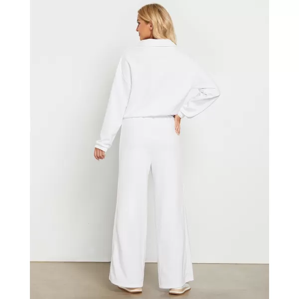 GRAPENT Sweatsuits Two Piece Sets for Women High Wasited Wide Leg Pants Fleece Button Pullover Sweatshirt Lounge OutfitsWhite