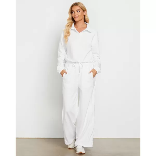 GRAPENT Sweatsuits Two Piece Sets for Women High Wasited Wide Leg Pants Fleece Button Pullover Sweatshirt Lounge OutfitsWhite
