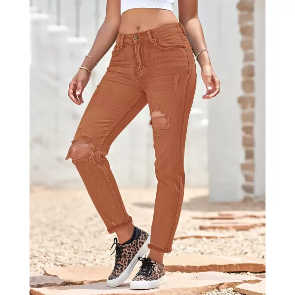 GRAPENT Womens Casual High Waisted Mom Jeans Ripped Stretchy Tapered Denim PantsAmber Brown
