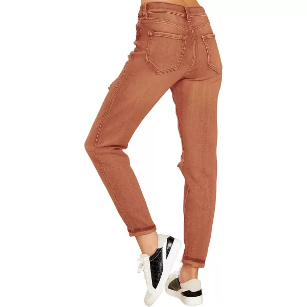 GRAPENT Womens Casual High Waisted Mom Jeans Ripped Stretchy Tapered Denim PantsAmber Brown