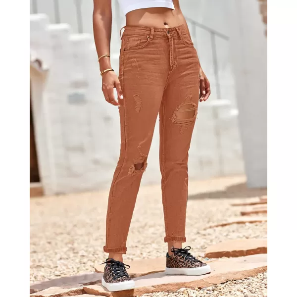 GRAPENT Womens Casual High Waisted Mom Jeans Ripped Stretchy Tapered Denim PantsAmber Brown
