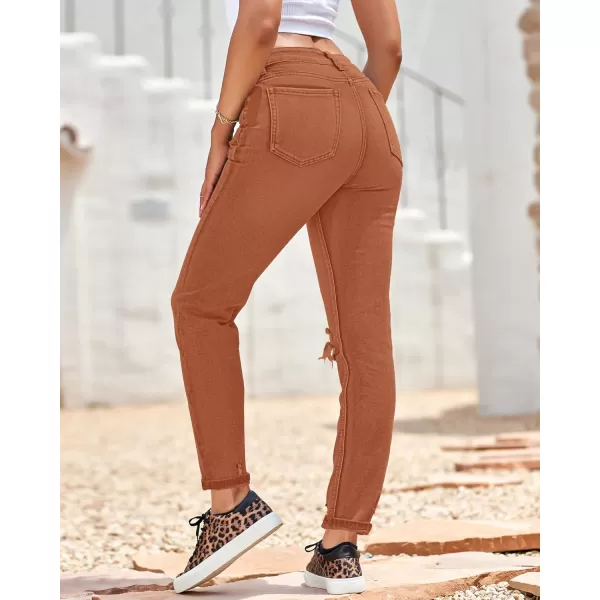 GRAPENT Womens Casual High Waisted Mom Jeans Ripped Stretchy Tapered Denim PantsAmber Brown