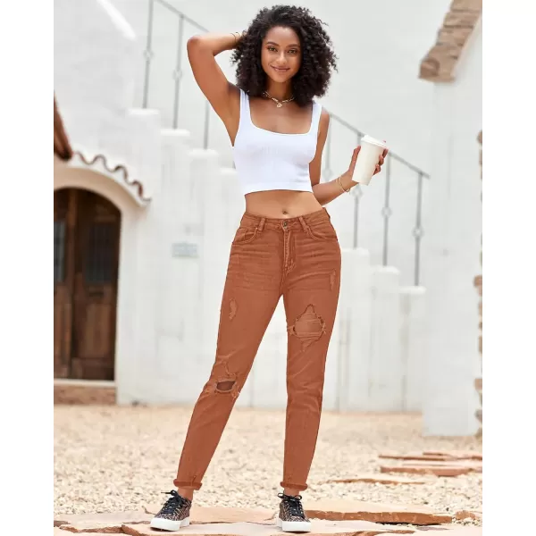 GRAPENT Womens Casual High Waisted Mom Jeans Ripped Stretchy Tapered Denim PantsAmber Brown