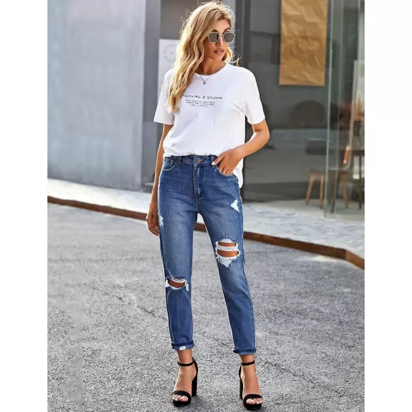 GRAPENT Womens Casual High Waisted Mom Jeans Ripped Stretchy Tapered Denim PantsAstro Indigo Blue