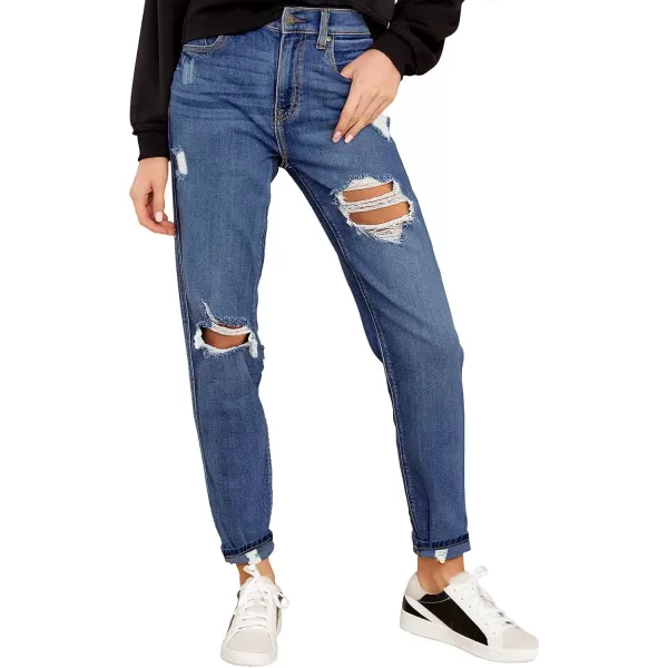 GRAPENT Womens Casual High Waisted Mom Jeans Ripped Stretchy Tapered Denim PantsAstro Indigo Blue