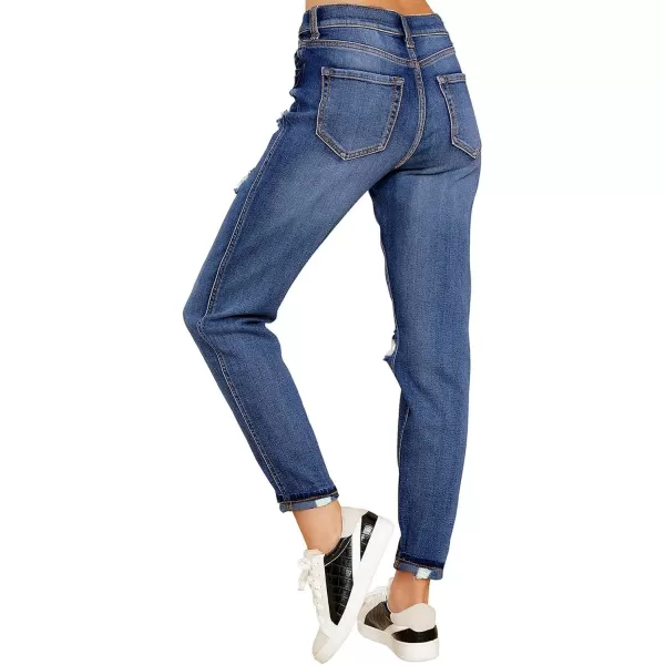GRAPENT Womens Casual High Waisted Mom Jeans Ripped Stretchy Tapered Denim PantsAstro Indigo Blue