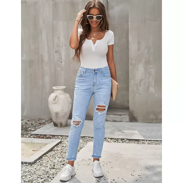 GRAPENT Womens Casual High Waisted Mom Jeans Ripped Stretchy Tapered Denim PantsBallad Blue