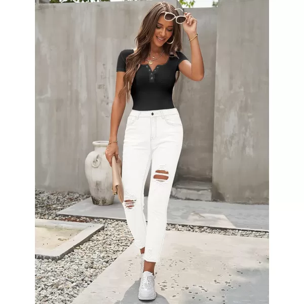 GRAPENT Womens Casual High Waisted Mom Jeans Ripped Stretchy Tapered Denim PantsBrilliant White