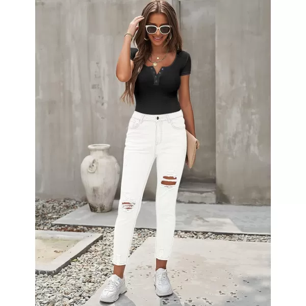GRAPENT Womens Casual High Waisted Mom Jeans Ripped Stretchy Tapered Denim PantsBrilliant White