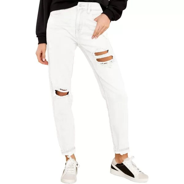 GRAPENT Womens Casual High Waisted Mom Jeans Ripped Stretchy Tapered Denim PantsBrilliant White
