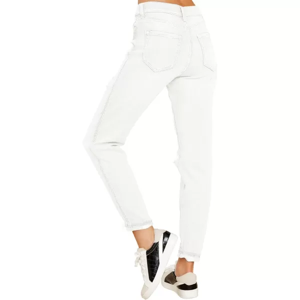 GRAPENT Womens Casual High Waisted Mom Jeans Ripped Stretchy Tapered Denim PantsBrilliant White