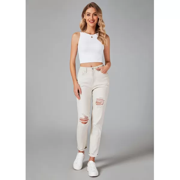 GRAPENT Womens Casual High Waisted Mom Jeans Ripped Stretchy Tapered Denim PantsCream
