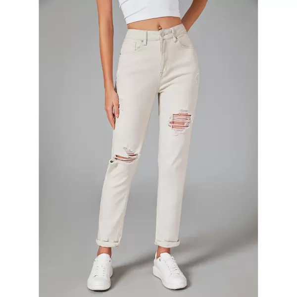 GRAPENT Womens Casual High Waisted Mom Jeans Ripped Stretchy Tapered Denim PantsCream