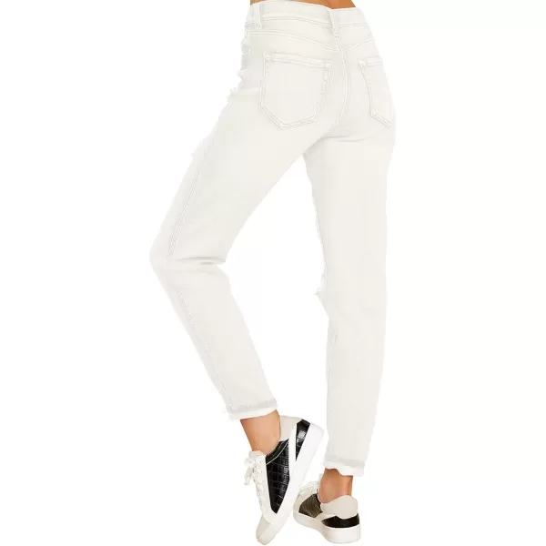 GRAPENT Womens Casual High Waisted Mom Jeans Ripped Stretchy Tapered Denim PantsCream