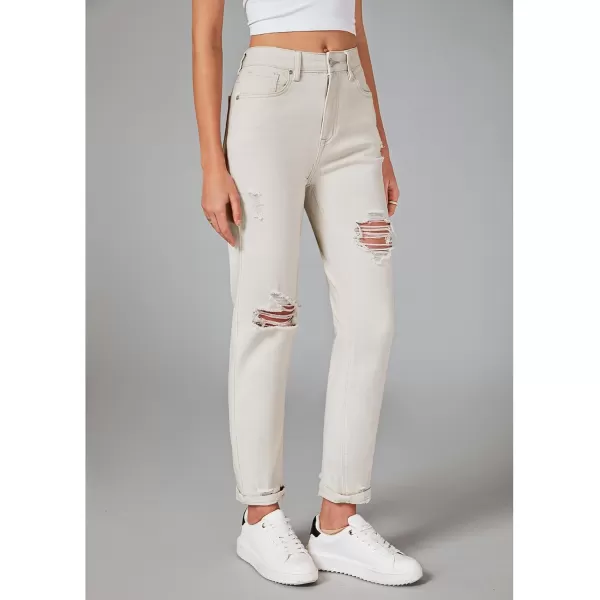 GRAPENT Womens Casual High Waisted Mom Jeans Ripped Stretchy Tapered Denim PantsCream
