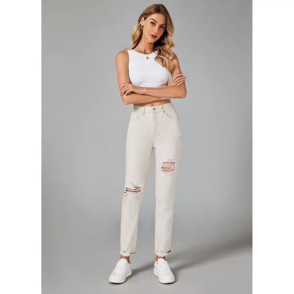 GRAPENT Womens Casual High Waisted Mom Jeans Ripped Stretchy Tapered Denim PantsCream