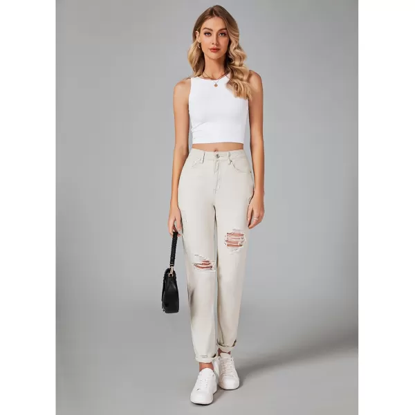 GRAPENT Womens Casual High Waisted Mom Jeans Ripped Stretchy Tapered Denim PantsCream