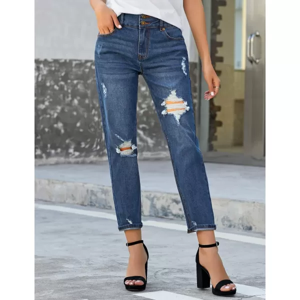 GRAPENT Womens Casual High Waisted Mom Jeans Ripped Stretchy Tapered Denim PantsFront 2 Buttonsastro Indigo Blue