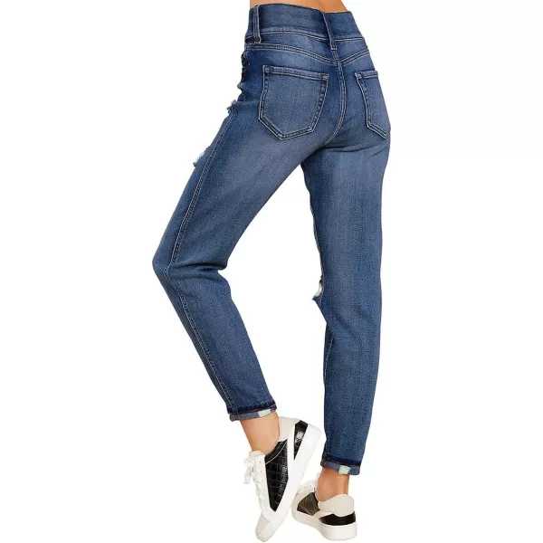 GRAPENT Womens Casual High Waisted Mom Jeans Ripped Stretchy Tapered Denim PantsFront 2 Buttonsastro Indigo Blue