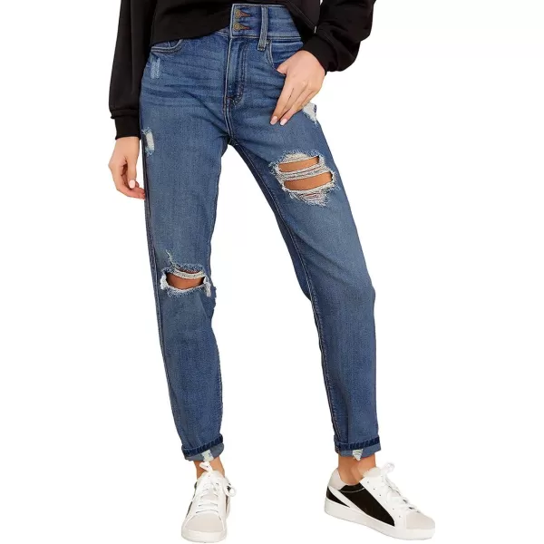 GRAPENT Womens Casual High Waisted Mom Jeans Ripped Stretchy Tapered Denim PantsFront 2 Buttonsastro Indigo Blue