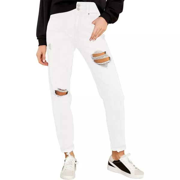 GRAPENT Womens Casual High Waisted Mom Jeans Ripped Stretchy Tapered Denim PantsFront 2 Buttonsclean White