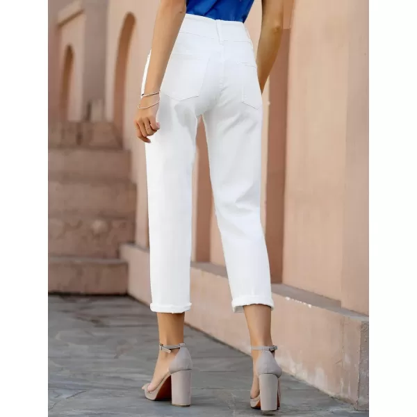 GRAPENT Womens Casual High Waisted Mom Jeans Ripped Stretchy Tapered Denim PantsFront 2 Buttonsclean White