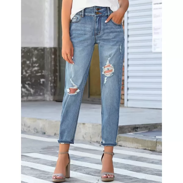 GRAPENT Womens Casual High Waisted Mom Jeans Ripped Stretchy Tapered Denim PantsFront 2 Buttonshawaii Ocean Blue
