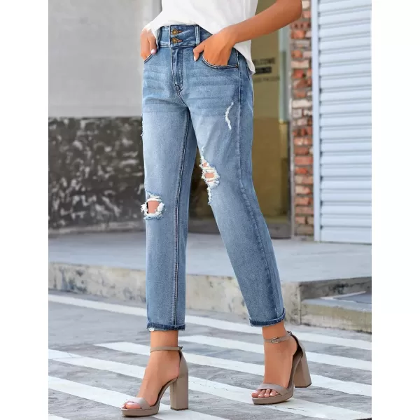 GRAPENT Womens Casual High Waisted Mom Jeans Ripped Stretchy Tapered Denim PantsFront 2 Buttonshawaii Ocean Blue