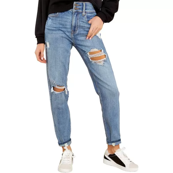 GRAPENT Womens Casual High Waisted Mom Jeans Ripped Stretchy Tapered Denim PantsFront 2 Buttonshawaii Ocean Blue