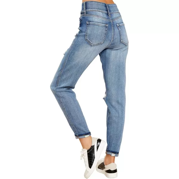 GRAPENT Womens Casual High Waisted Mom Jeans Ripped Stretchy Tapered Denim PantsFront 2 Buttonshawaii Ocean Blue