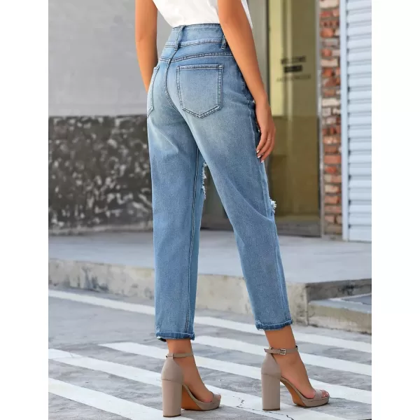GRAPENT Womens Casual High Waisted Mom Jeans Ripped Stretchy Tapered Denim PantsFront 2 Buttonshawaii Ocean Blue